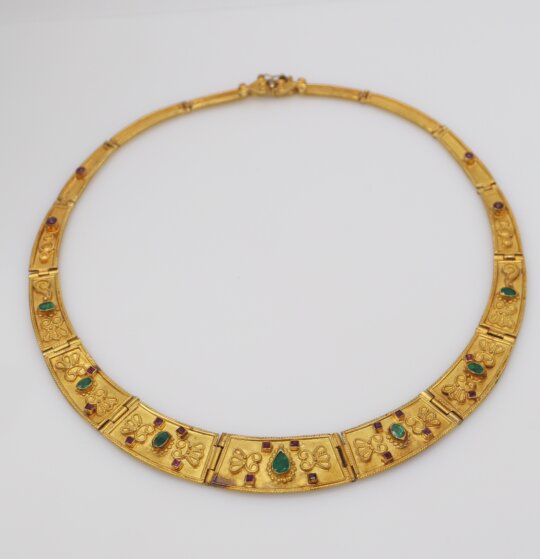 145: An 18K Gold, Ruby and Emerald Byzantine-Style Necklace