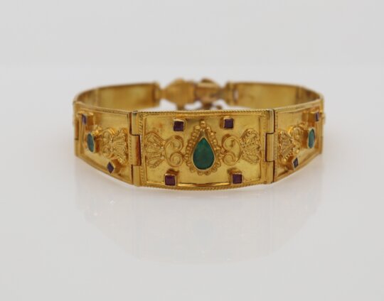 146: An 18K Gold, Ruby and Emerald Byzantine-Style Bracelet