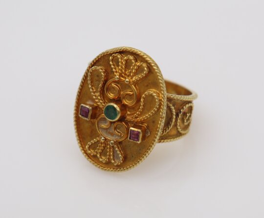147: An 18K Gold, Ruby and Emerald Byzantine-Style Ring