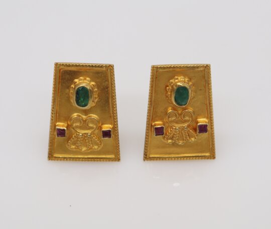 148: A Pair of 18K Gold, Ruby and Emerald Byzantine-Style Ear Clips