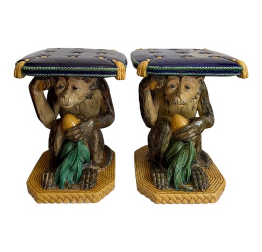 177: Minton - A pair of Minton majolica monkey garden seats, Date code for 1873